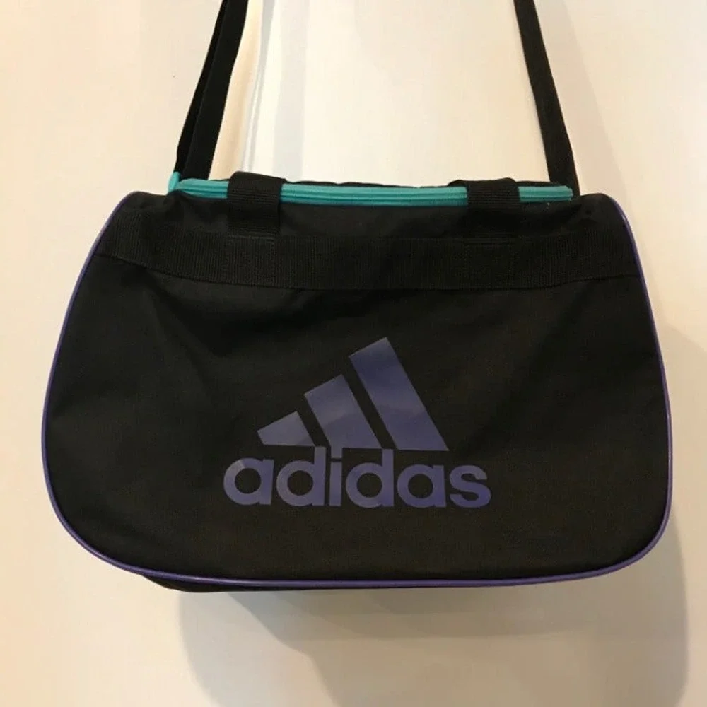 adidas Black Duffel Bag with Purple Logo and Teal Trim